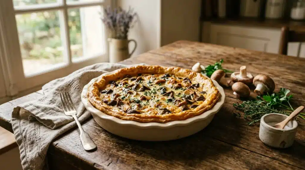 Tarte dorée aux champignons sur table en bois rustique