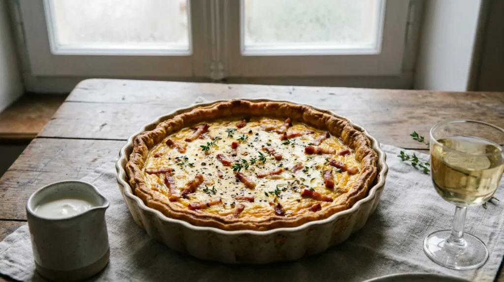 Tarte salée bacon et thym sur table rustique