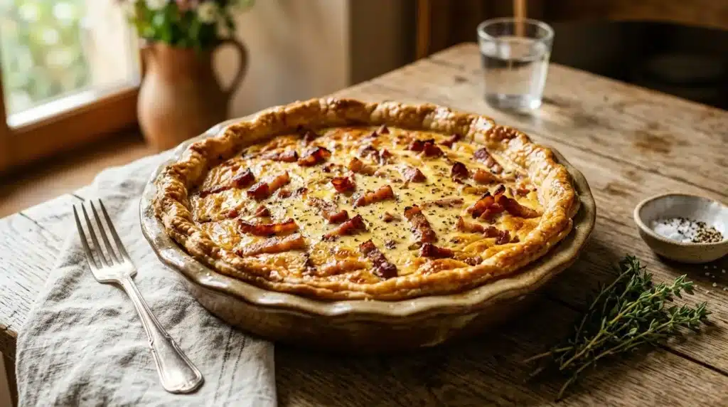 Tarte rustique aux lardons sur table en bois