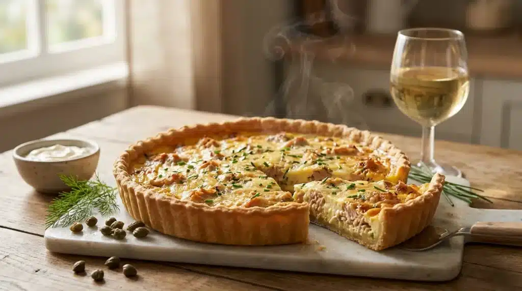 Tarte dorée servie avec vin blanc et accompagnements culinaires