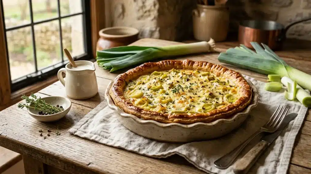 Tarte aux poireaux dorée sur table en bois rustique