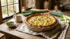 Tarte aux poireaux dorée sur table en bois rustique
