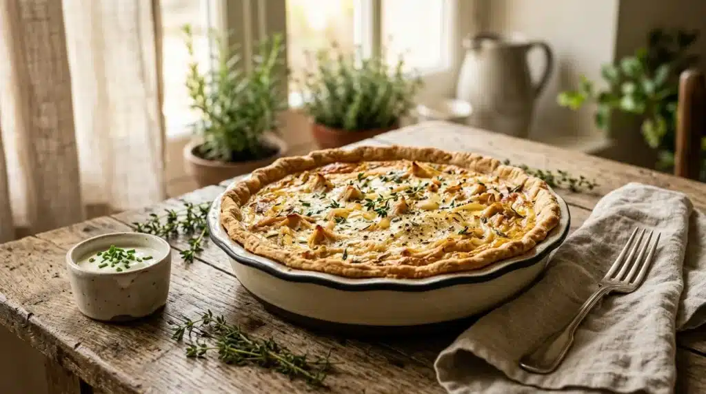 Tarte dorée garnie d'herbes fraîches sur table rustique