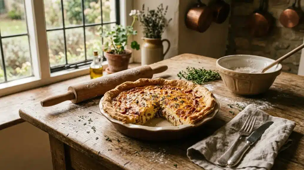 Tarte dorée sur table rustique avec herbes et ustensiles.