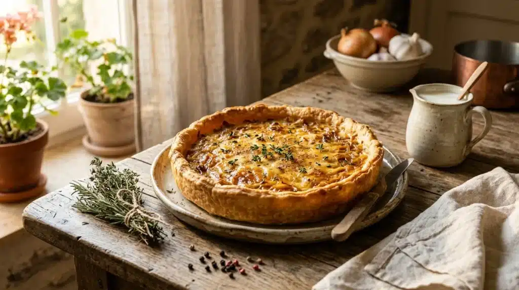 Tarte dorée garnie d'herbes sur table rustique ensoleillée