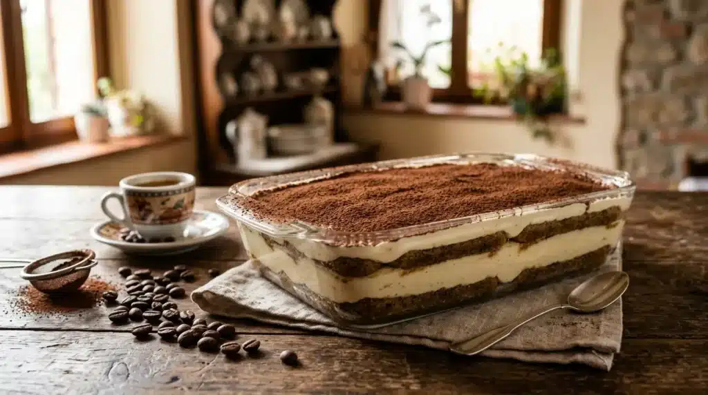 Tiramisu classique sur table avec café et grains de café
