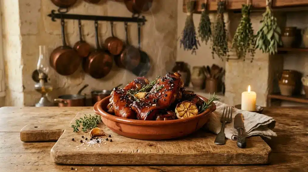 Poulet rôti garni d'herbes aromatiques sur table en bois
