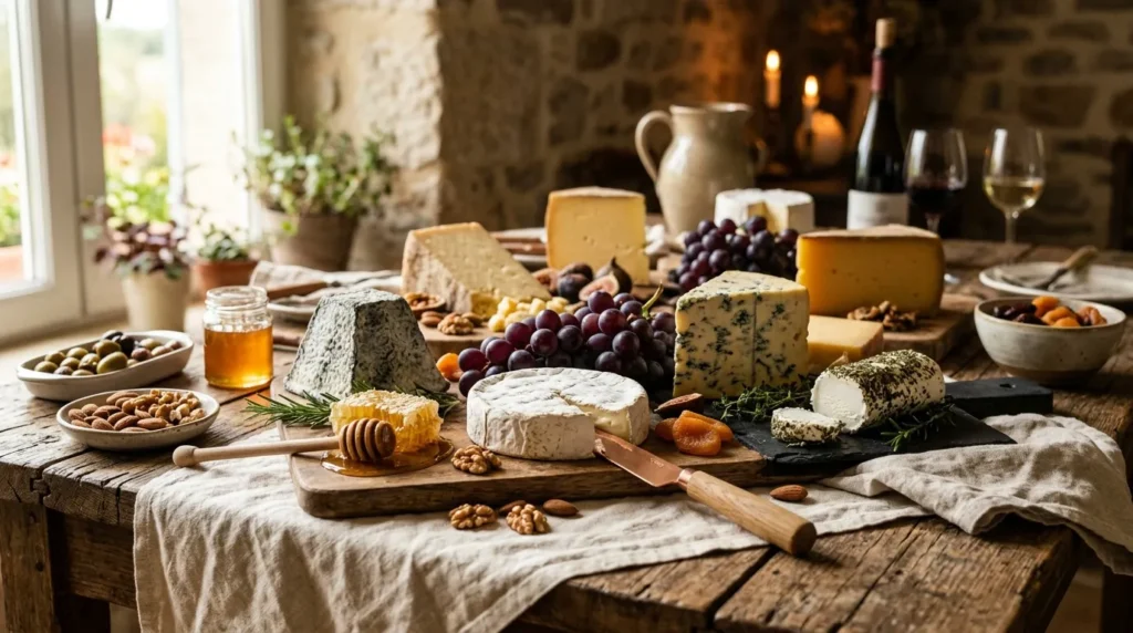 Table rustique avec fromages variés, raisins, fruits secs et vin