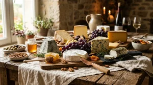 Table rustique avec fromages variés, raisins, fruits secs et vin