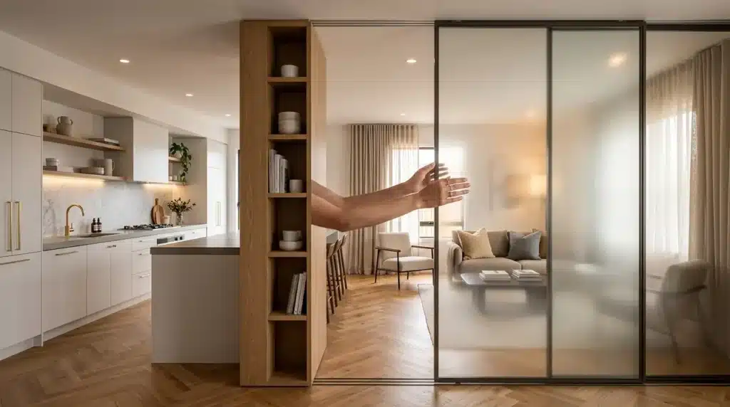 Intérieur contemporain avec cuisine, séjour et portes vitrées coulissantes