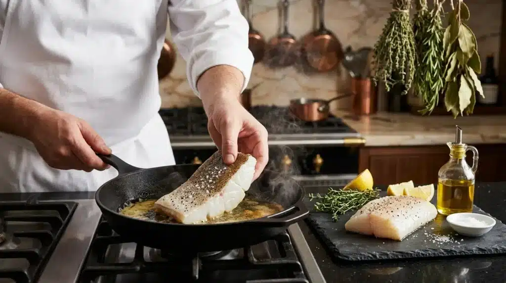Chef en blanc fait cuire un filet de poisson à la poêle