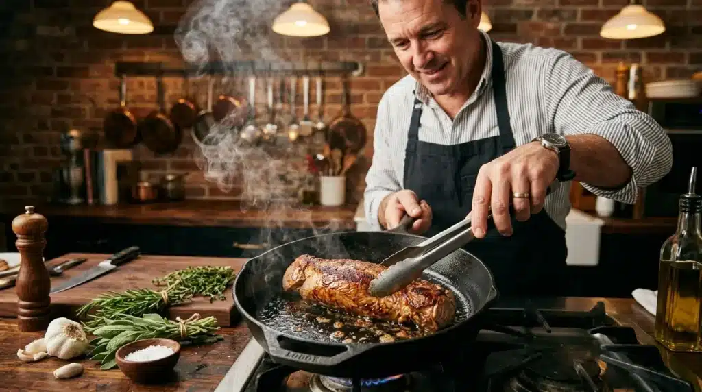 Cuisinier prépare un steak dans une poêle en fonte chaude