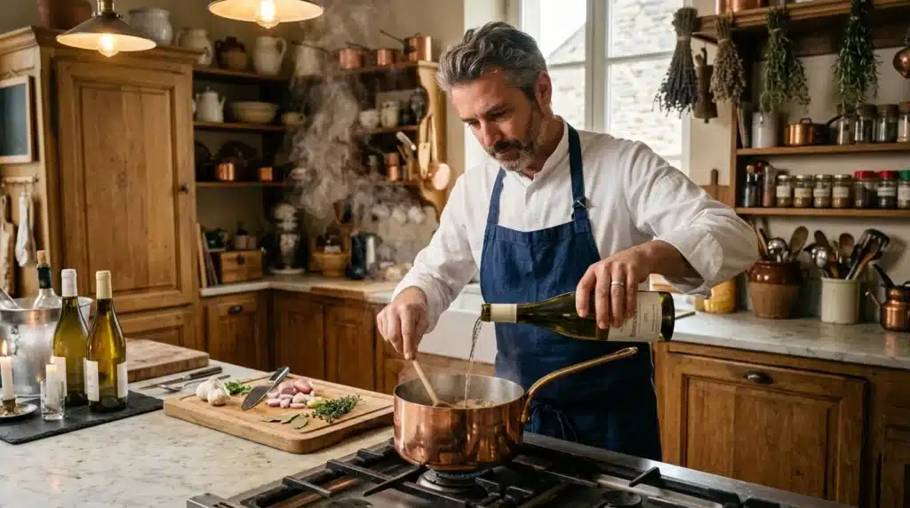 Homme en tablier bleu versant du vin dans une casserole de cuivre