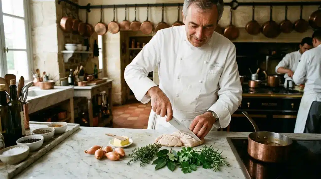 Chef en blanc découpe viande fraîche avec herbes et oignons