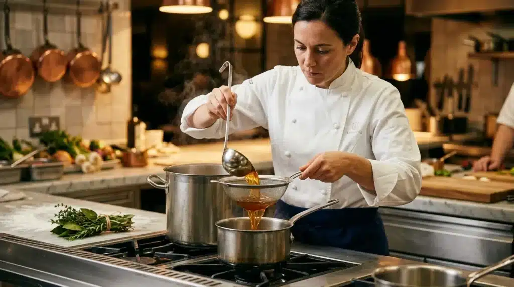 Chef en blanc versant du bouillon dans une casserole