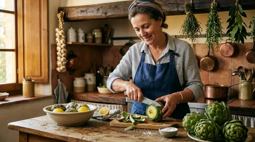 Femme cuisine artichauts dans une cuisine rustique