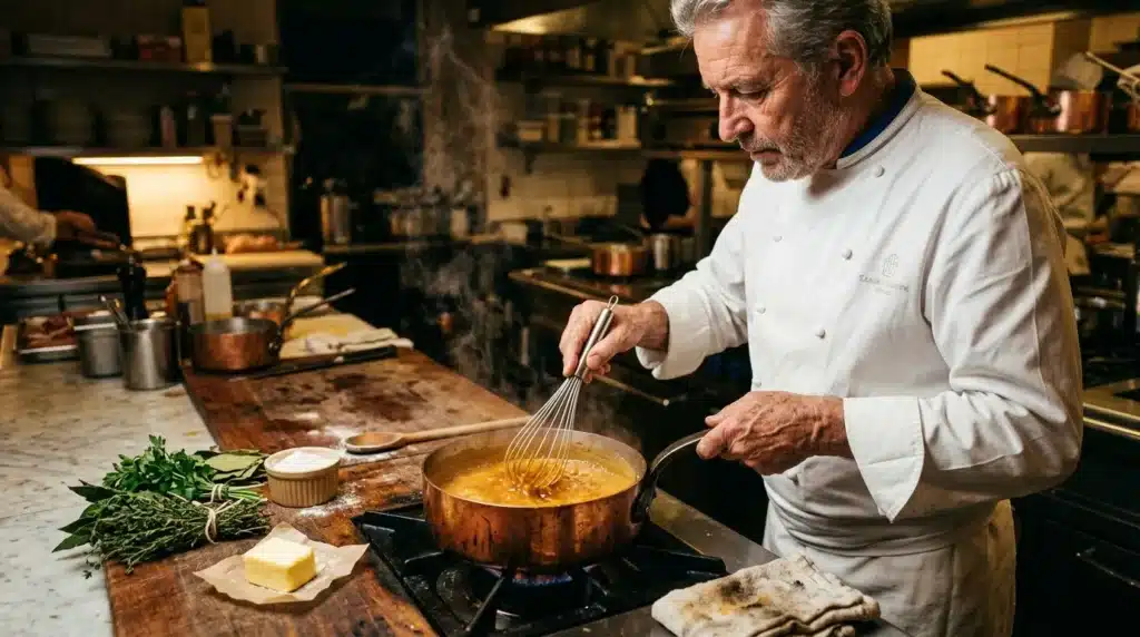 Chef cuisiner fouet sauce dorée dans casserole cuivre