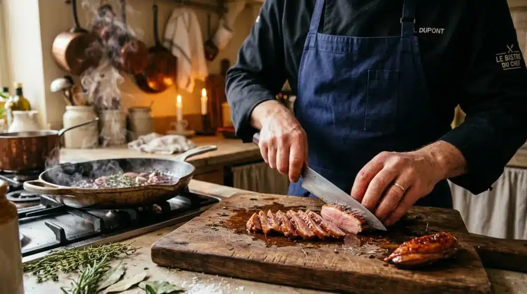 Chef en tablier découpe viande sur planche bois