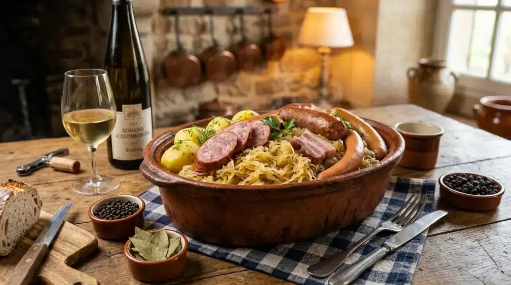 Plat de choucroute avec saucisses, jambon et vin blanc