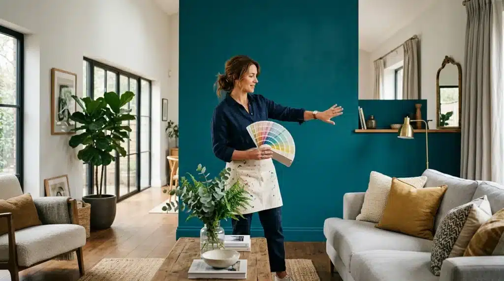 Femme présentant nuancier couleurs dans salon contemporain