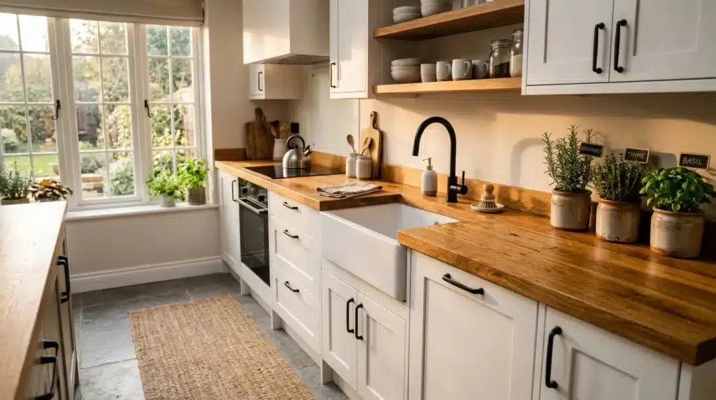 Cuisine contemporaine blanche avec comptoir bois et herbes aromatiques