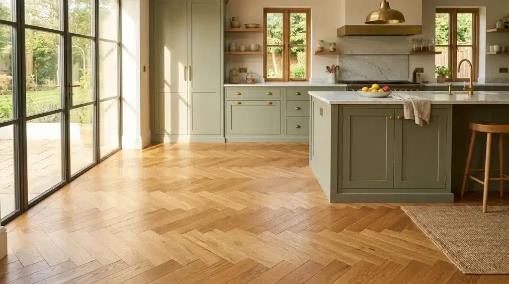 Cuisine élégante avec armoires vert sauge et parquet chevrons
