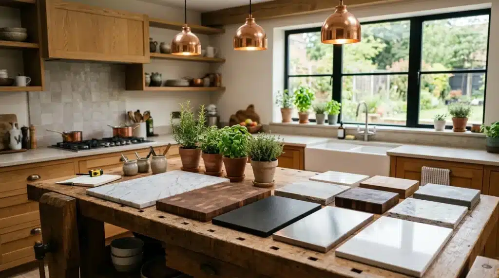 Cuisine bois avec échantillons de surfaces et plantes aromatiques