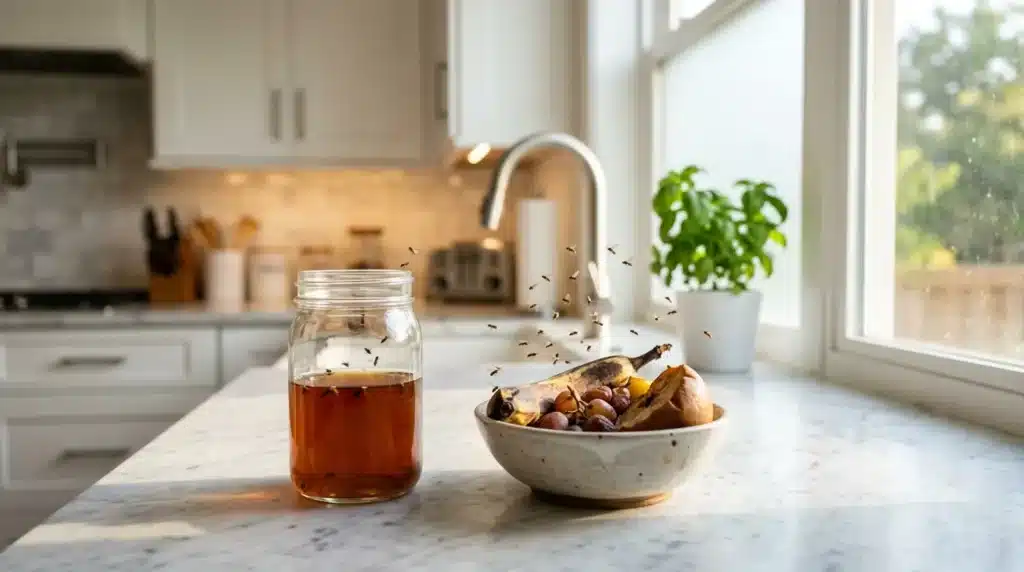 Cuisine ensoleillée avec jar, fruits et mouches volantes