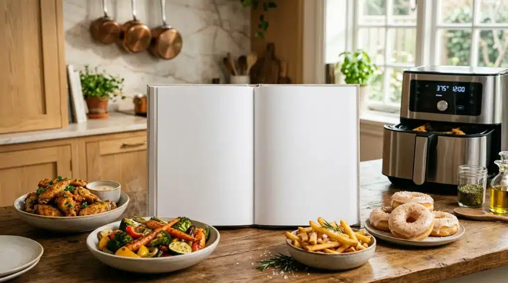 Livre de cuisine ouvert entouré de plats cuisinés sur table