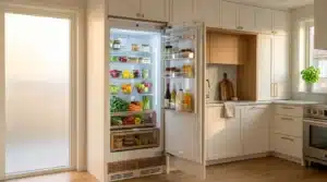 Réfrigérateur ouvert rempli fruits légumes produits cuisine blanche