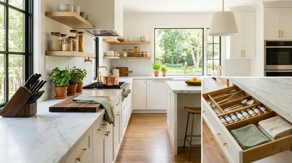 Cuisine élégante avec rangements organisés et vue nature