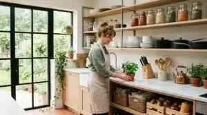 Femme dans cuisine lumineuse avec étagères organisées et plantes vertes