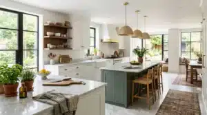 Cuisine blanche avec îlot vert, luminaires dorés et grandes fenêtres