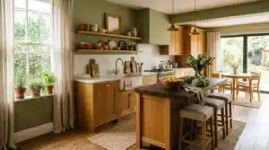 Cuisine élégante bois vert avec îlot central et fenêtres