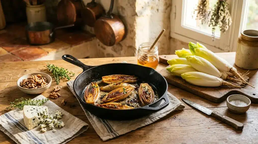 Poêle fonte avec oignons rôtis, fromage, noix et herbes fraîches