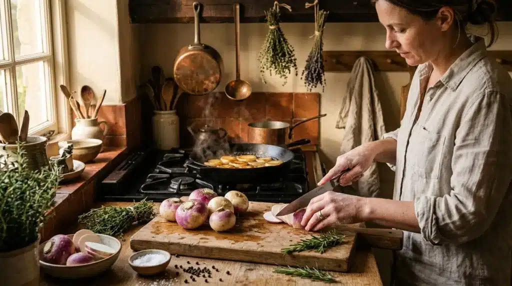 Femme préparant légumes dans cuisine rustique avec herbes séchées