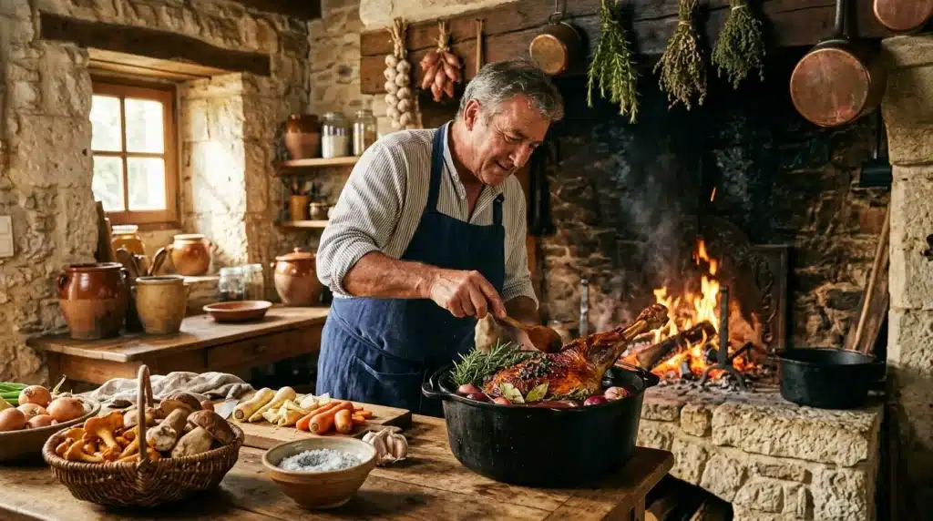 Chef prépare rôti dans cuisine campagnarde traditionnelle avec foyer