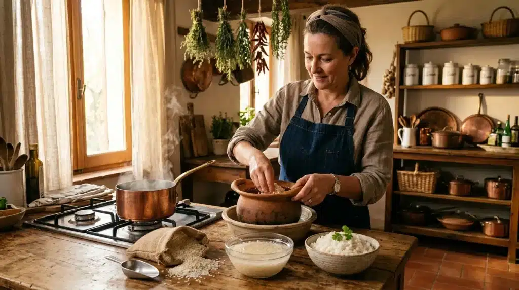 Femme cuisinant dans une cuisine rustique avec ingrédients.