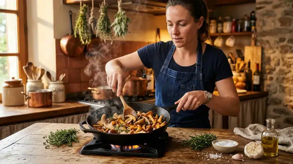 Femme en tablier cuisinant des champignons dans une poêle noire
