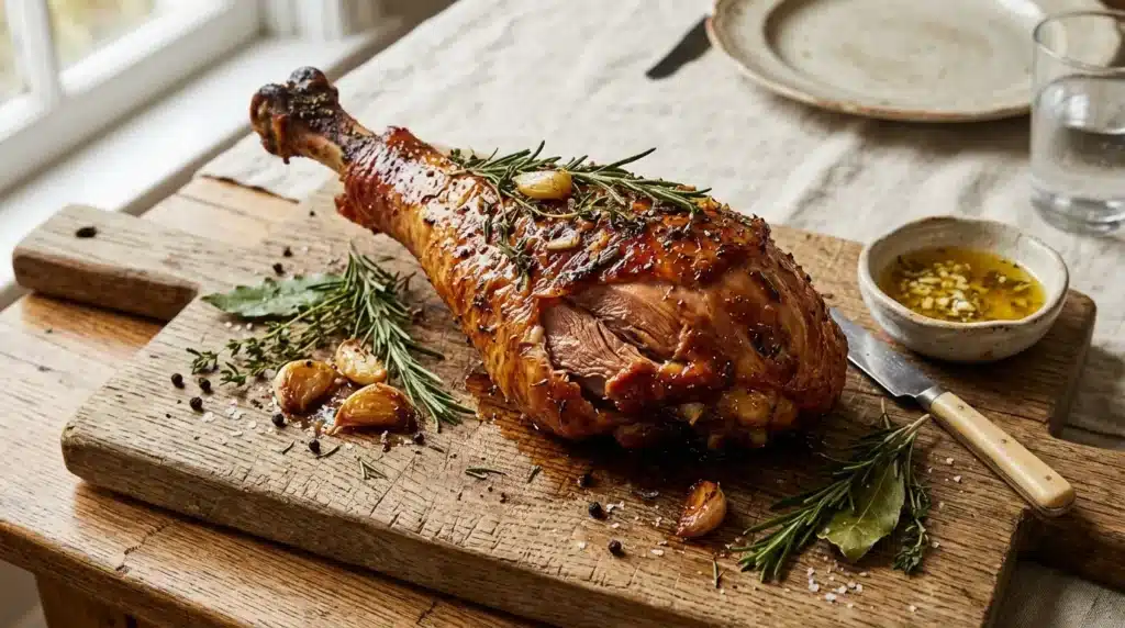 Cuisses de canard dorées avec romarin sur planche bois