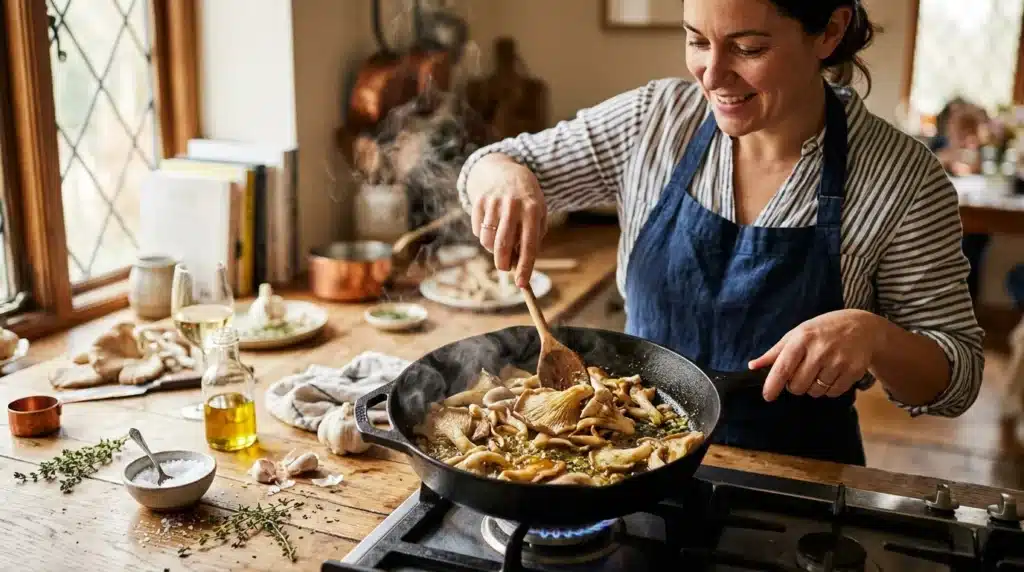 Femme cuisinant des champignons dorés dans une poêle en fonte