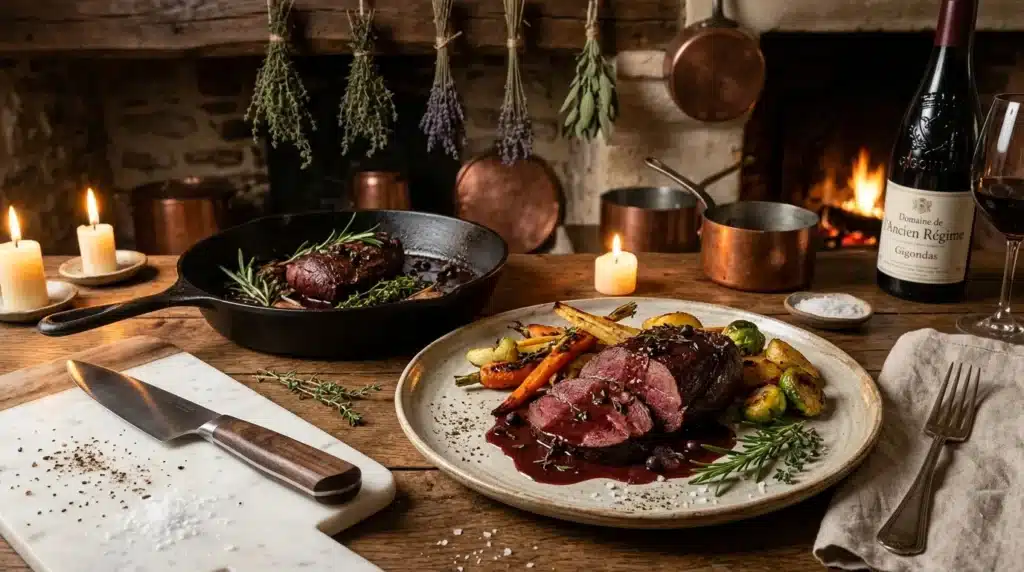 Viande saignante et légumes rôtis sur table rustique avec feu