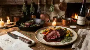 Viande saignante et légumes rôtis sur table rustique avec feu