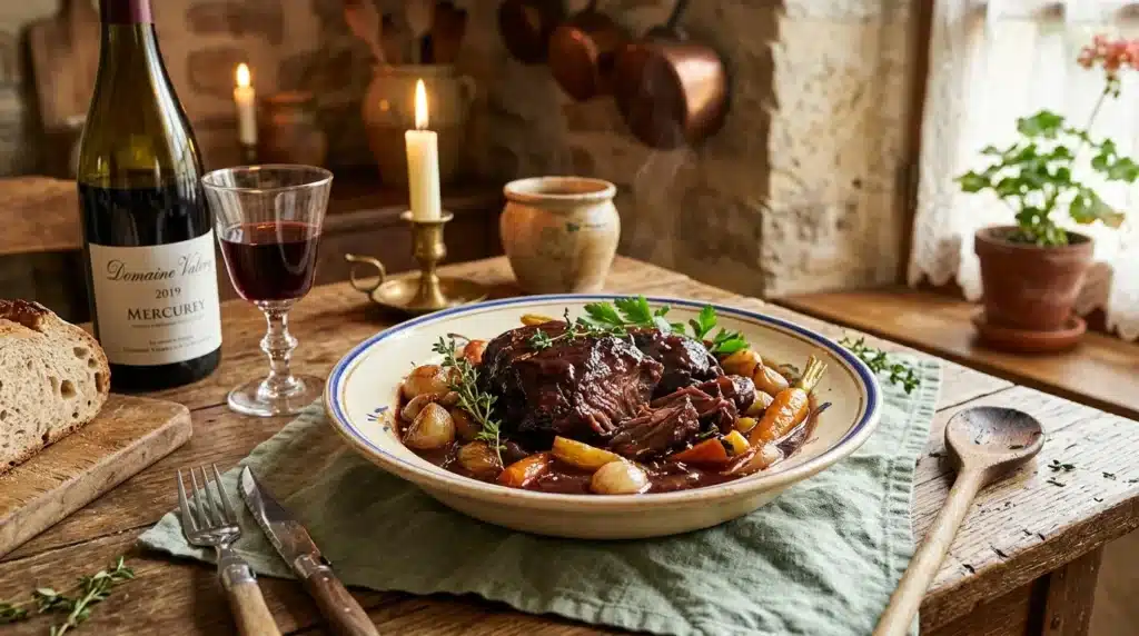 Assiette de viande braisée avec légumes, vin et bougies