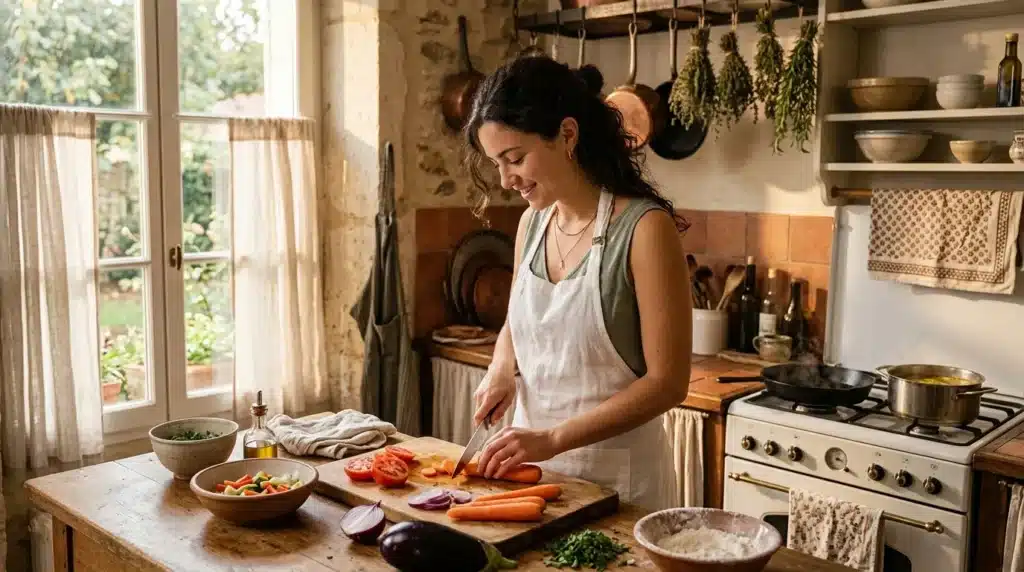 Femme prépare des légumes frais à la maison
