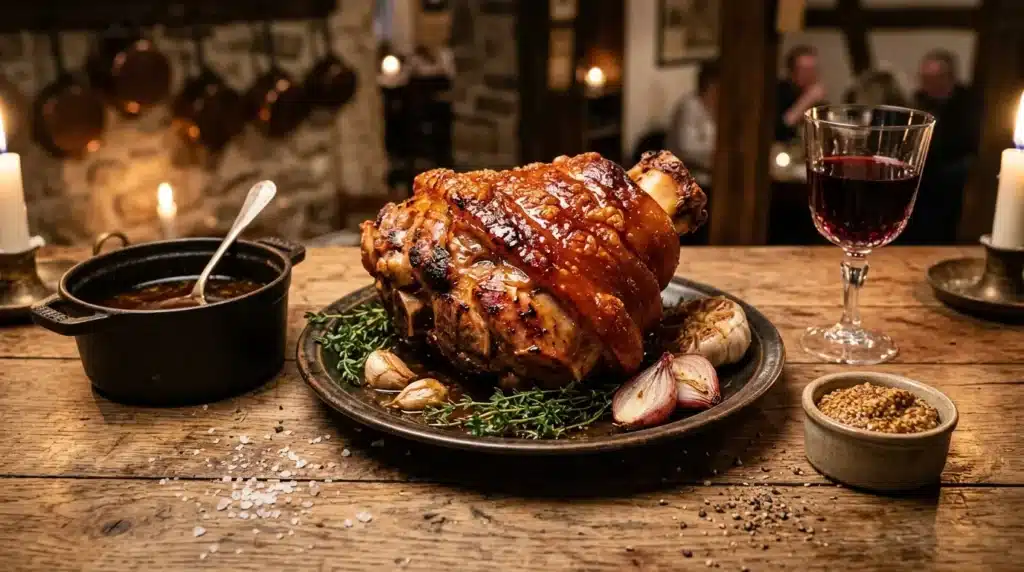 Poulet rôti doré sur table rustique avec verre vin