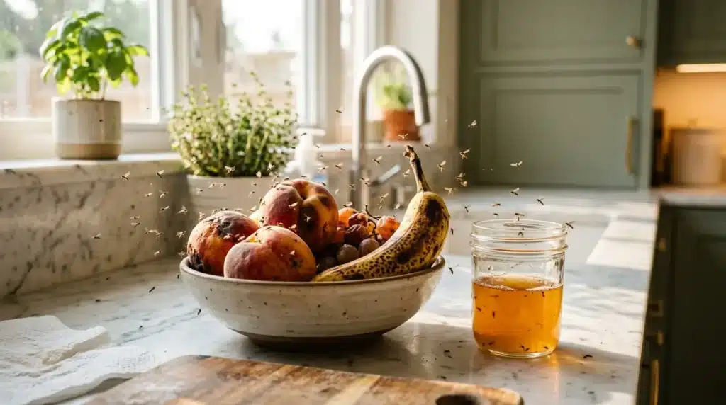 Bol de fruits avec banane, pommes, miel en pot, cuisine moderne