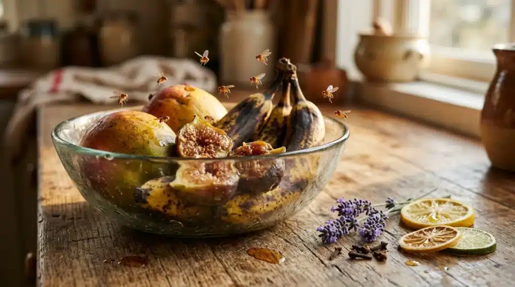 Bol de fruits mûrs avec abeilles et lavande séchée