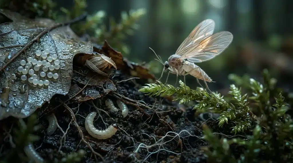 Insecte ailé près d'œufs et larves en milieu naturel humide