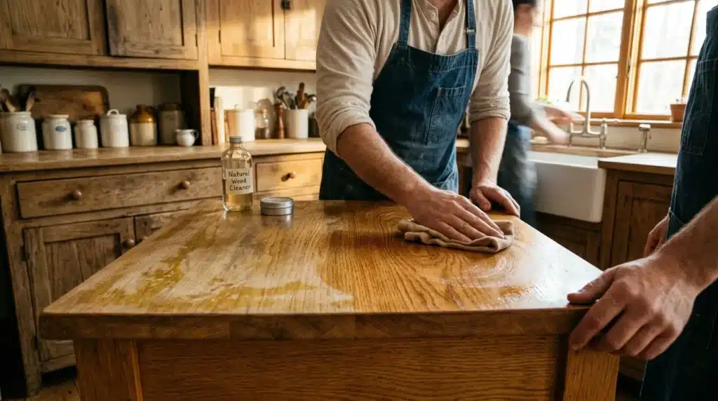 Homme appliquant un nettoyant naturel sur une table en bois